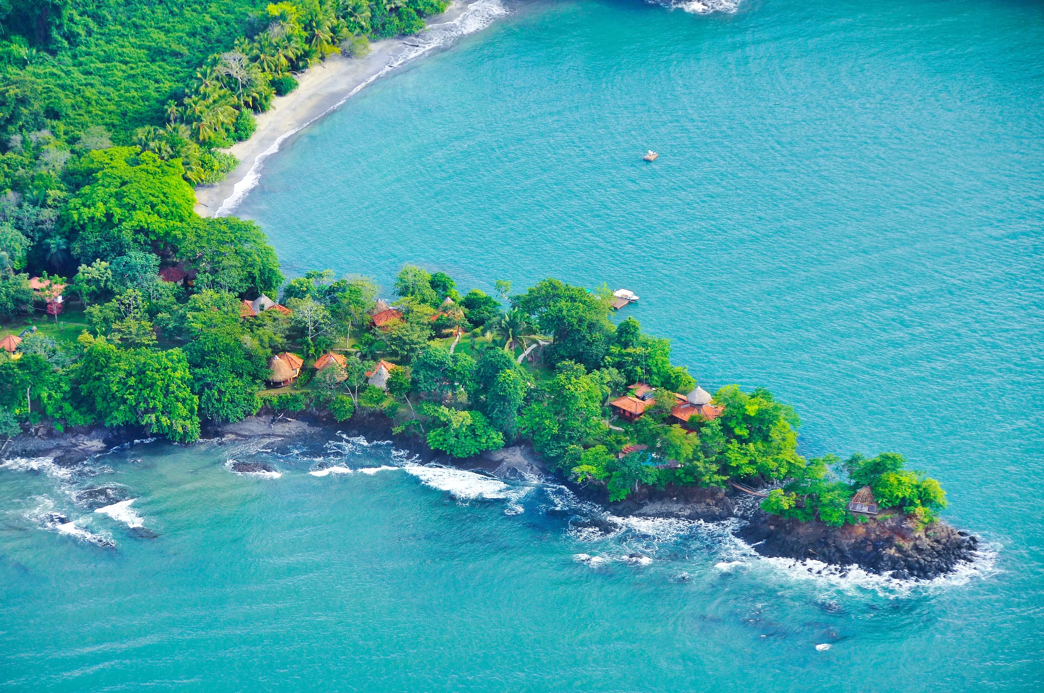 Aerial closeup of Calamia Resort on Isla Boca Brava, host of the Blue Mango Yoga Panama retreat