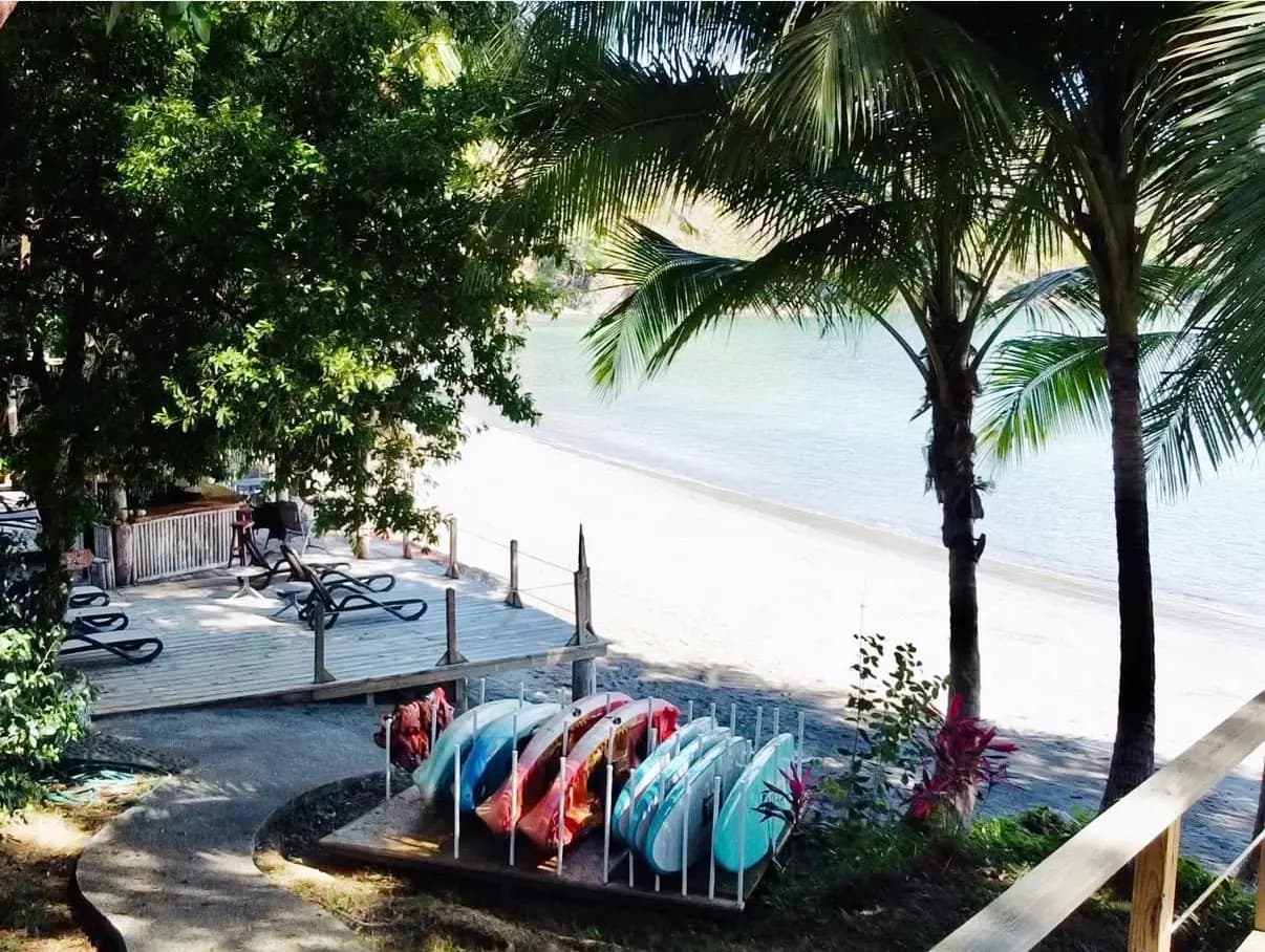 Kayaks and stand-up paddleboards on the beach