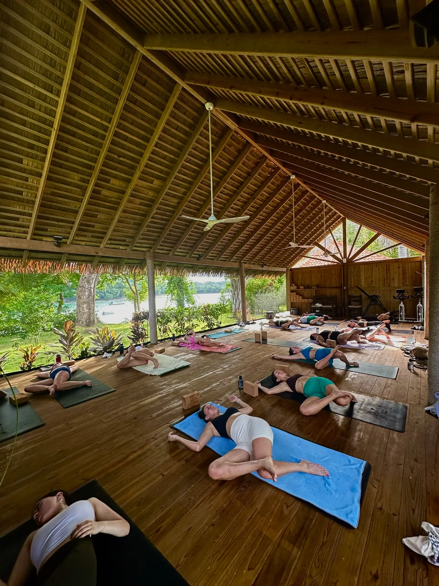 Morning yoga practice in the open-air shala
