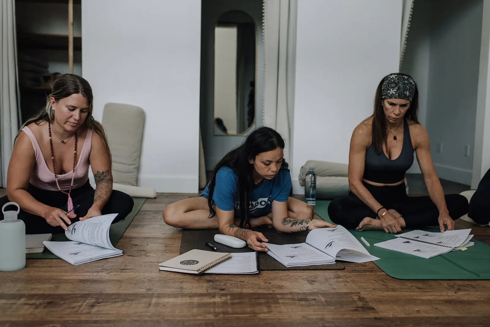 Blue Mango Yoga teacher training students studying yoga texts in Haiku, Maui
