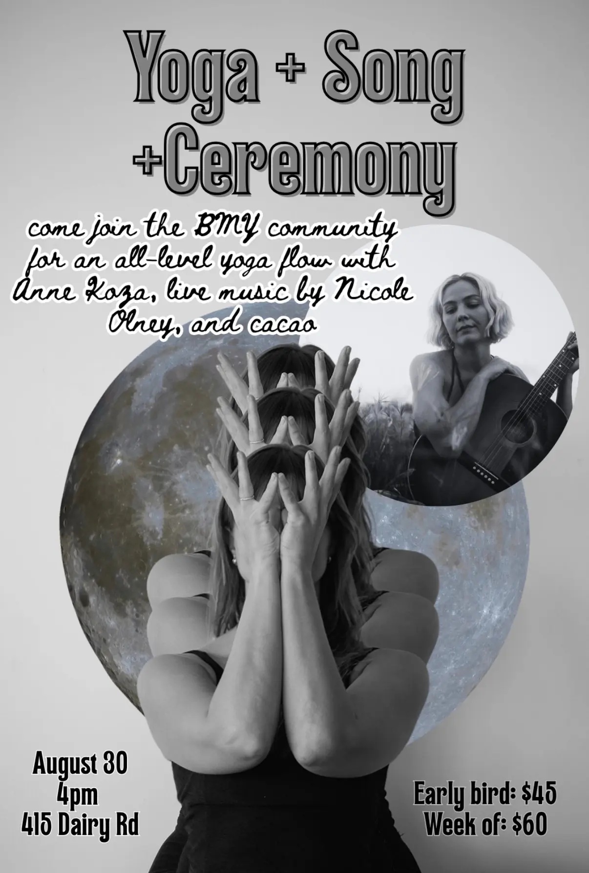 Yoga + Song + Ceremony full moon gathering flyer — August 30 at Blue Mango Kahului